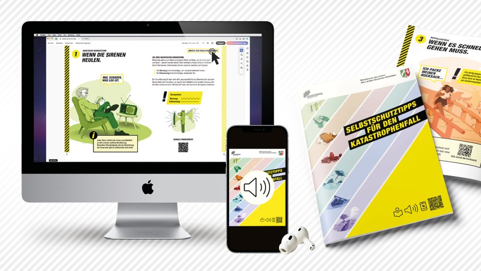 Computer, Smartphone, Kopfhöhrer und die Druckversion des Selbstschutzguides