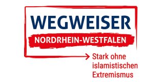 Wegweiser Logo Nordrhein-Westfalen mit Claim Stark ohne islamistischen Extremismus